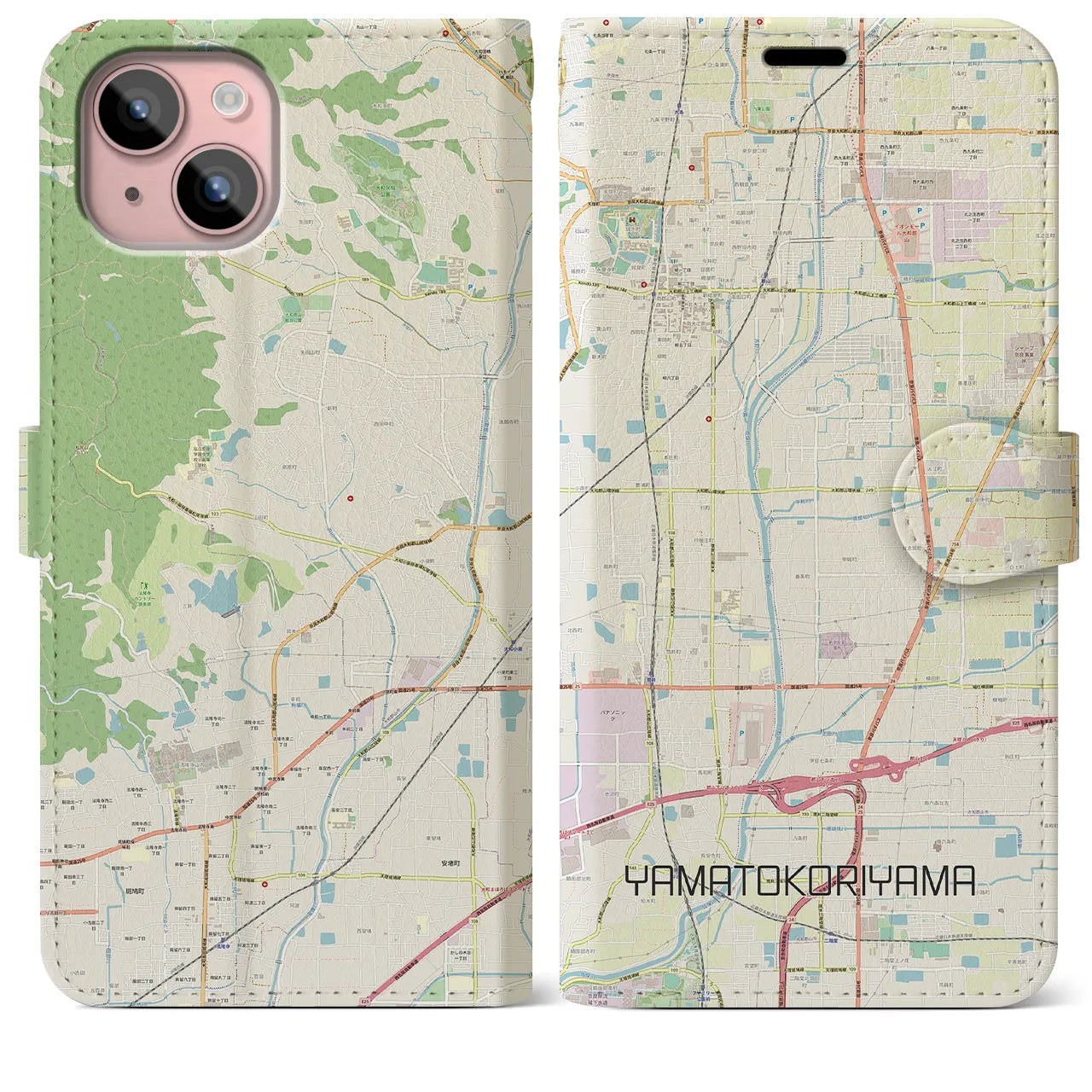【大和郡山(奈良県)】地図柄iPhoneケース(手帳タイプ)ナチュラル・iPhone 15 Plus 用