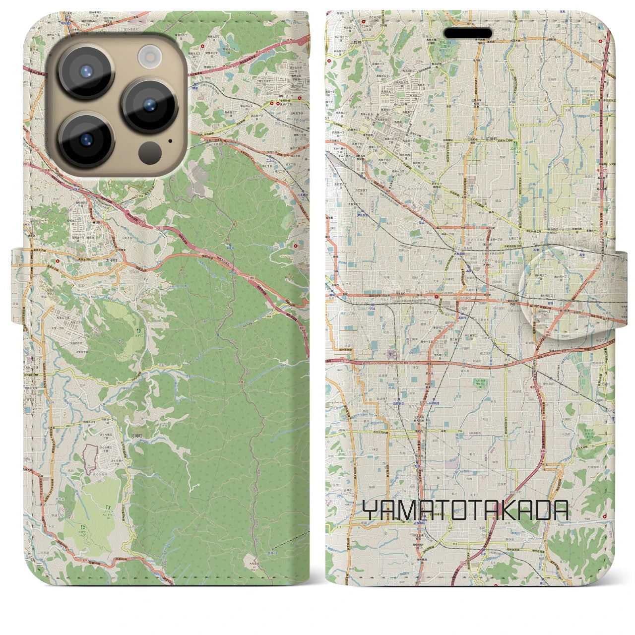 【大和高田(奈良県)】地図柄iPhoneケース(手帳タイプ)ナチュラル・iPhone 14 Pro Max 用