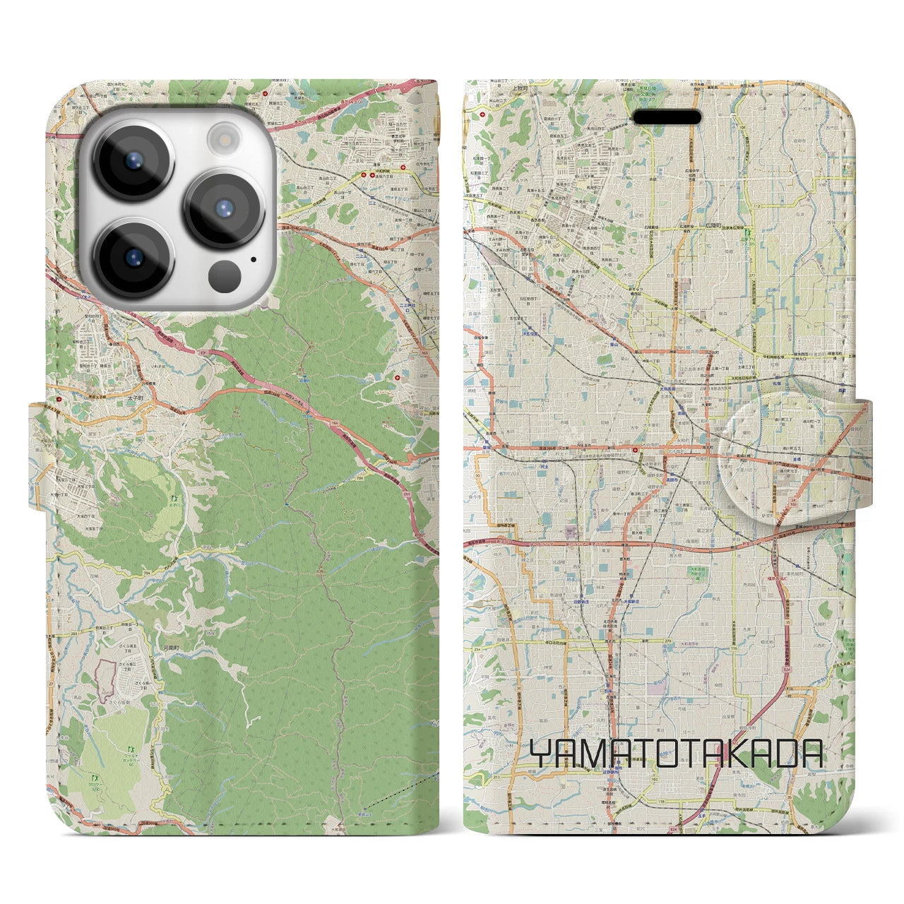 【大和高田(奈良県)】地図柄iPhoneケース(手帳タイプ)ナチュラル・iPhone 14 Pro 用