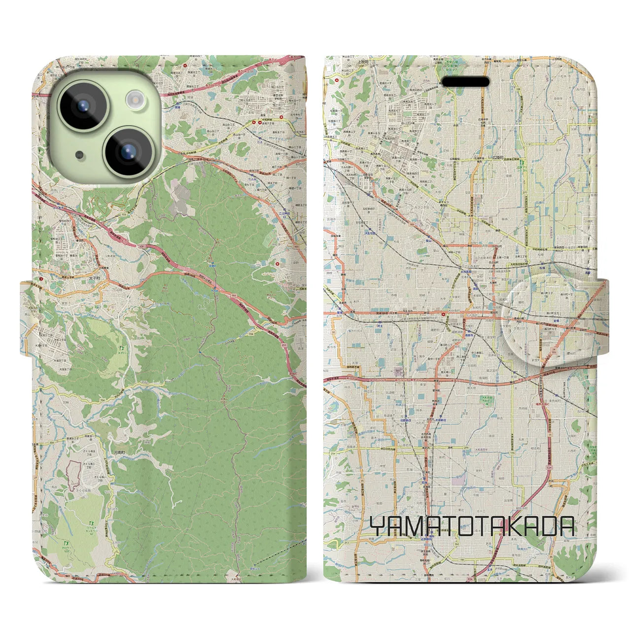 【大和高田(奈良県)】地図柄iPhoneケース(手帳タイプ)ナチュラル・iPhone 15 用