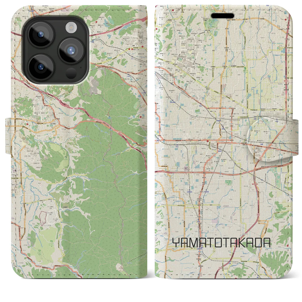 【大和高田(奈良県)】地図柄iPhoneケース(手帳タイプ)ナチュラル・iPhone 15 Pro Max 用
