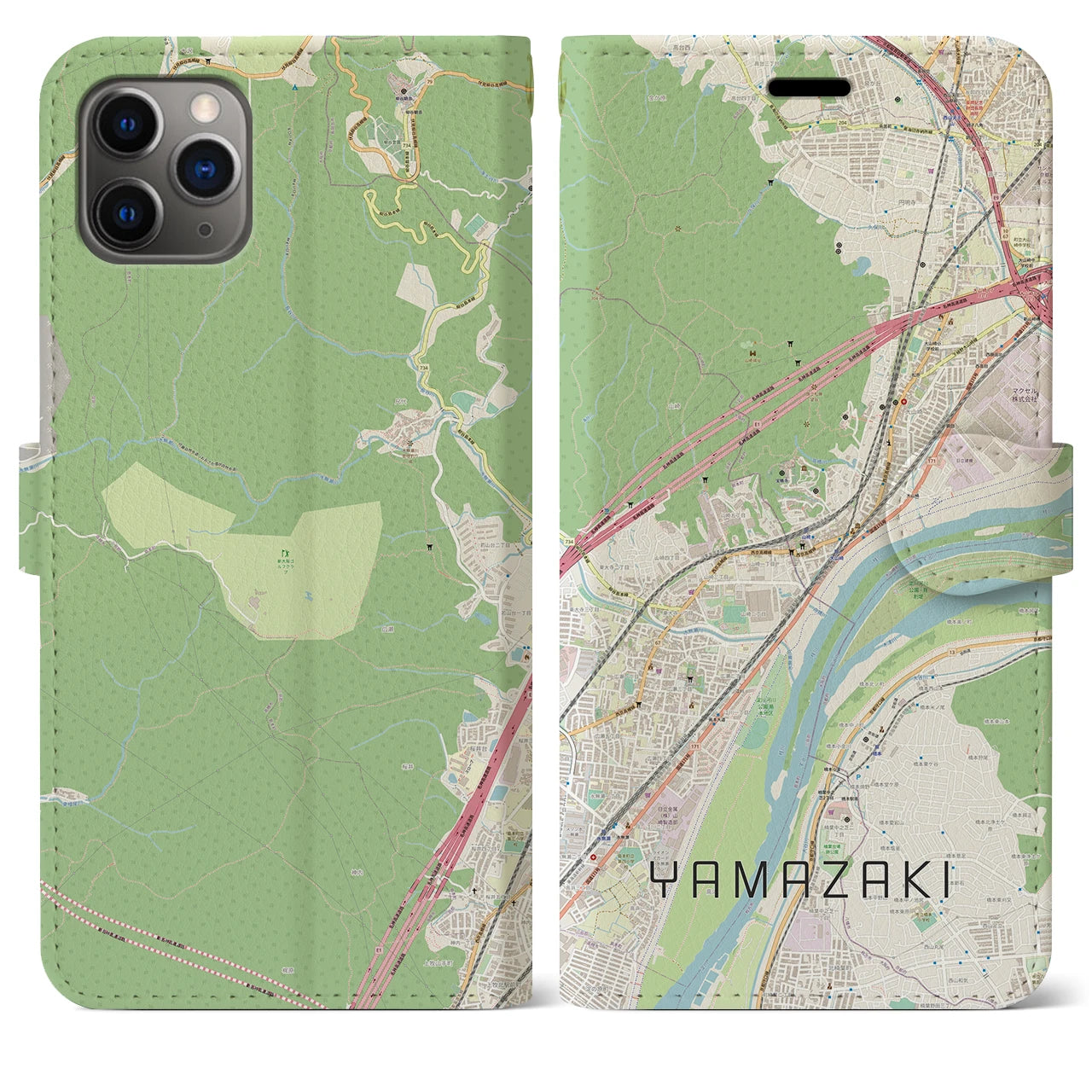 【山崎(京都府)】地図柄iPhoneケース(手帳タイプ)ナチュラル・iPhone 11 Pro Max 用