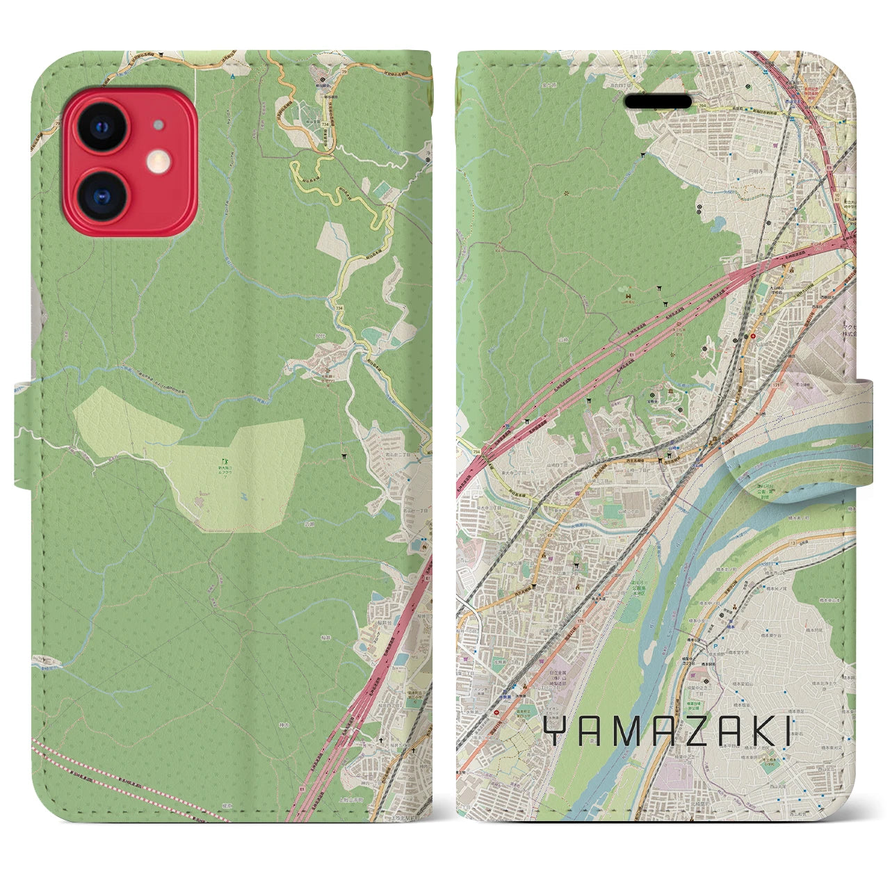 【山崎(京都府)】地図柄iPhoneケース(手帳タイプ)ナチュラル・iPhone 11 用