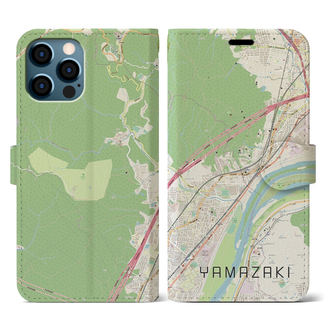 【山崎(京都府)】地図柄iPhoneケース(手帳タイプ)ナチュラル・iPhone 12 / 12 Pro 用