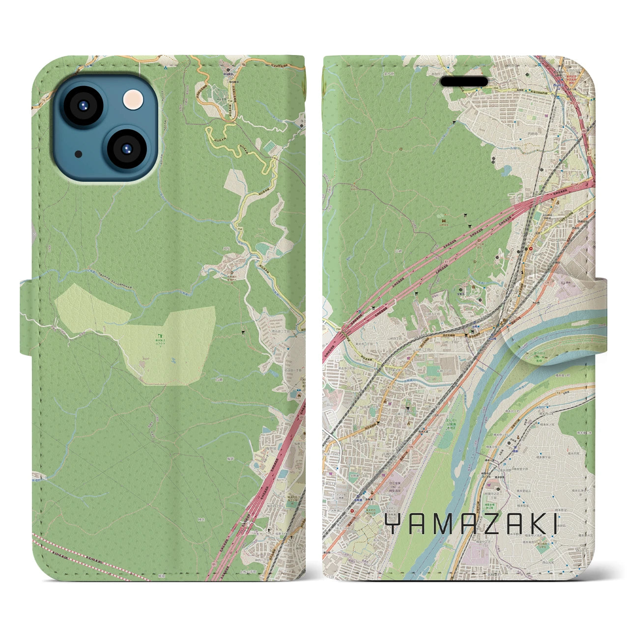 【山崎(京都府)】地図柄iPhoneケース(手帳タイプ)ナチュラル・iPhone 13 用