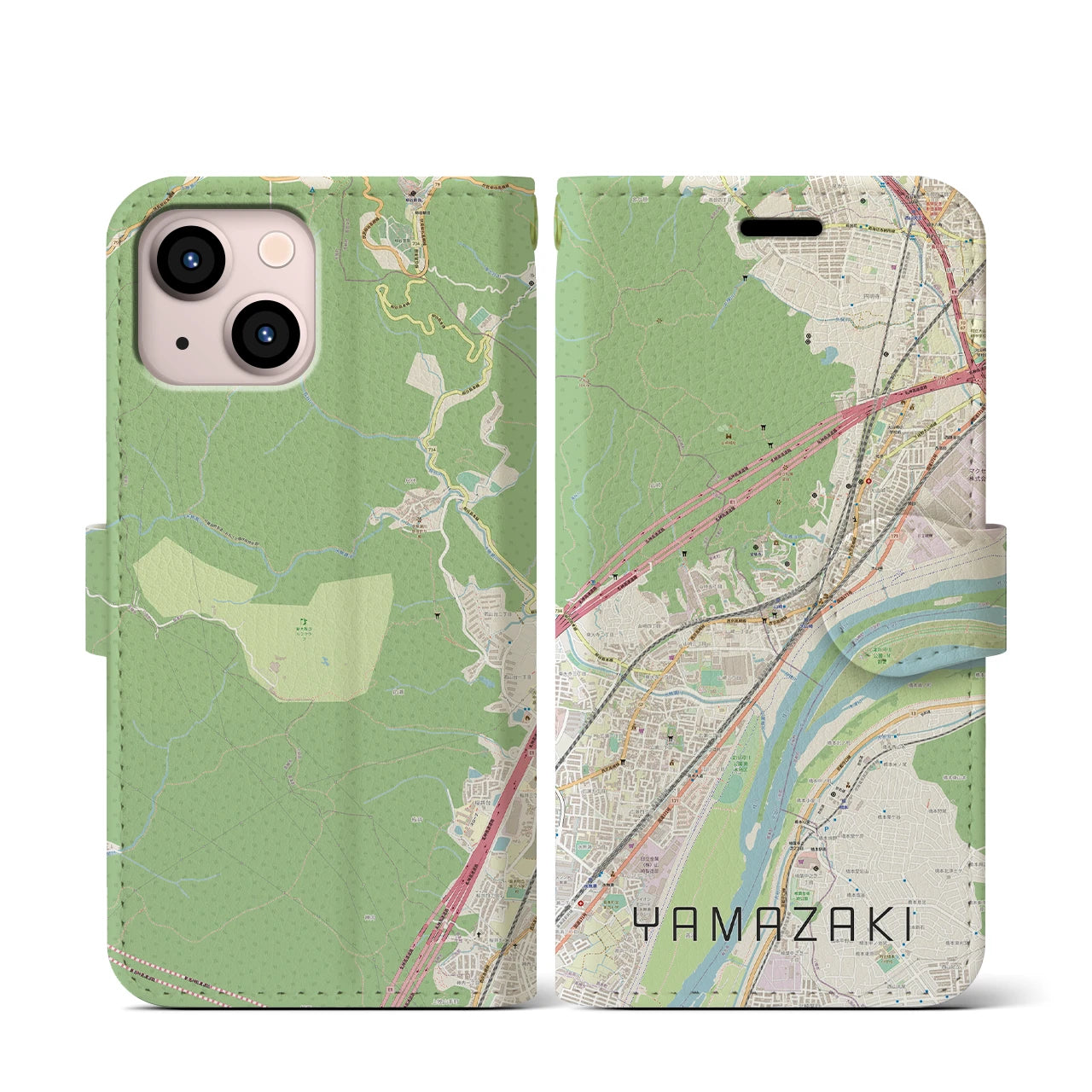 【山崎(京都府)】地図柄iPhoneケース(手帳タイプ)ナチュラル・iPhone 13 mini 用
