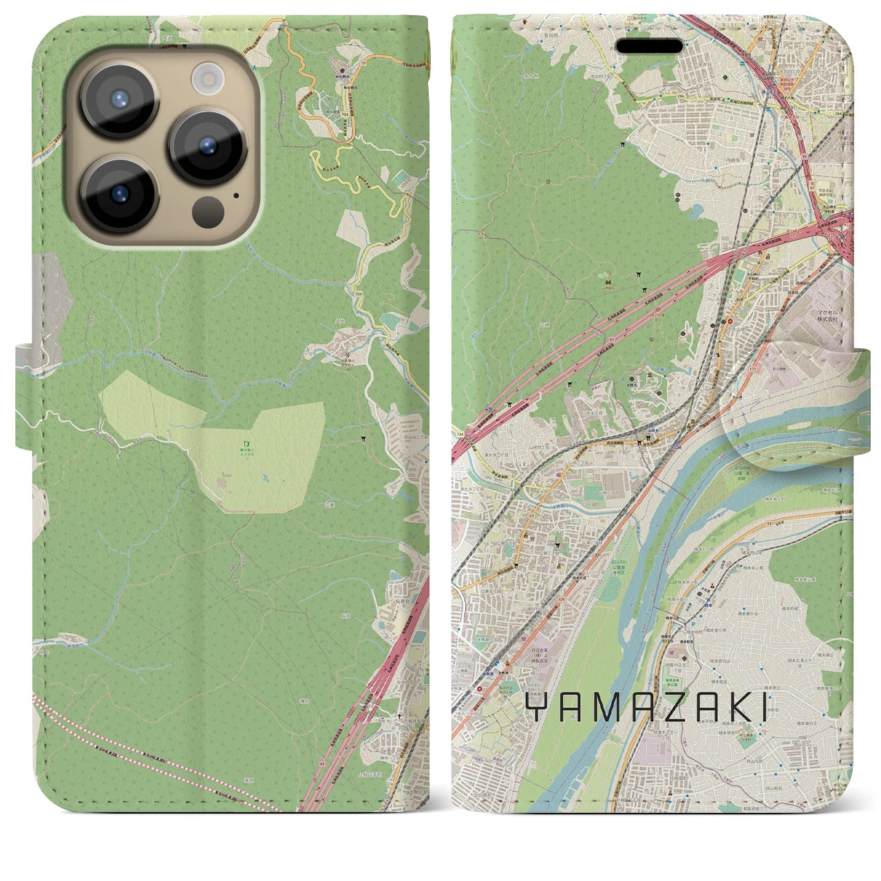 【山崎(京都府)】地図柄iPhoneケース(手帳タイプ)ナチュラル・iPhone 14 Pro Max 用