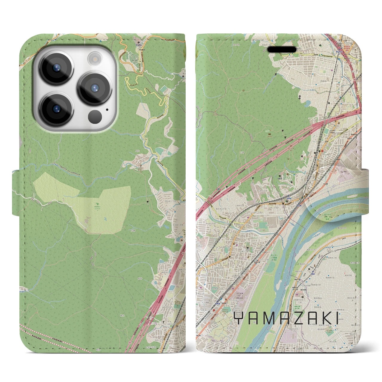 【山崎(京都府)】地図柄iPhoneケース(手帳タイプ)ナチュラル・iPhone 14 Pro 用