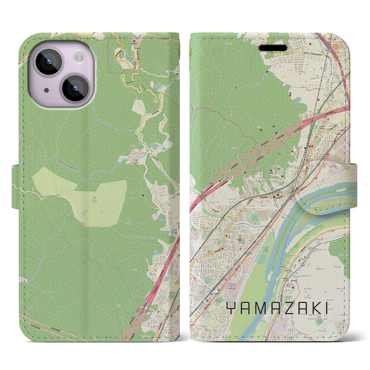 【山崎(京都府)】地図柄iPhoneケース(手帳タイプ)ナチュラル・iPhone 14 用