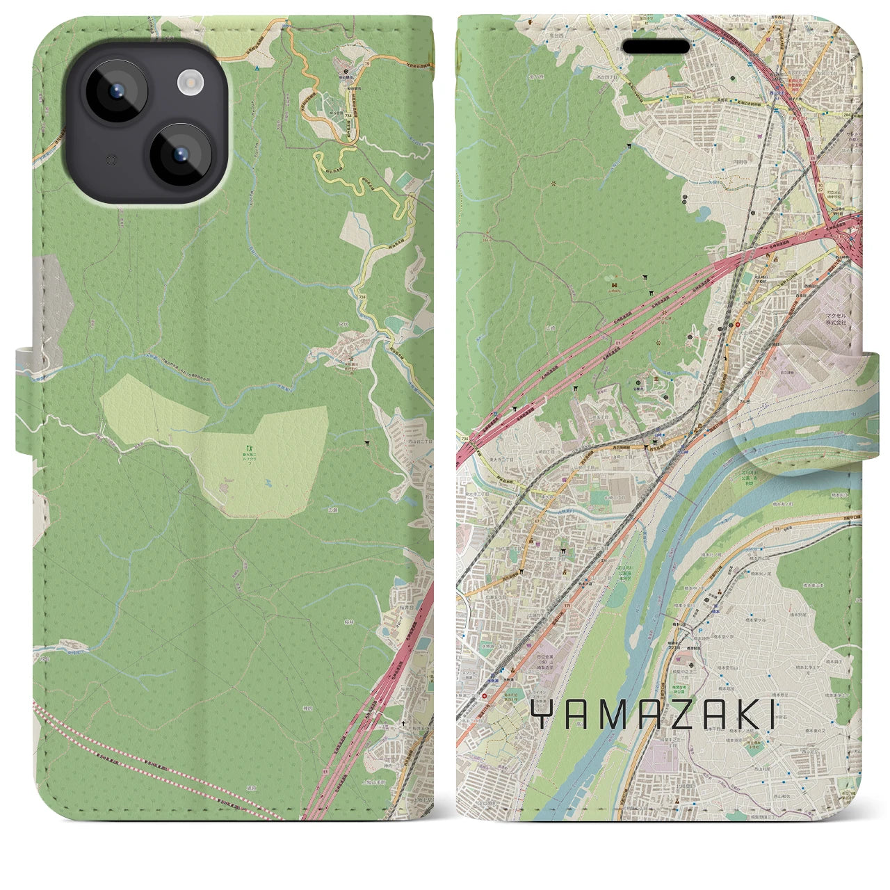 【山崎(京都府)】地図柄iPhoneケース(手帳タイプ)ナチュラル・iPhone 14 Plus 用