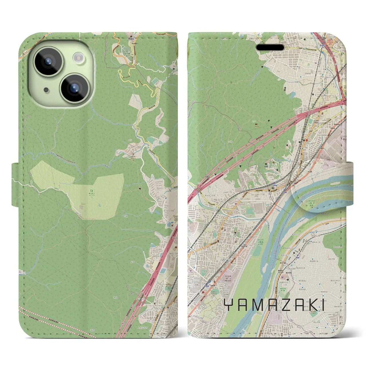 【山崎(京都府)】地図柄iPhoneケース(手帳タイプ)ナチュラル・iPhone 15 用