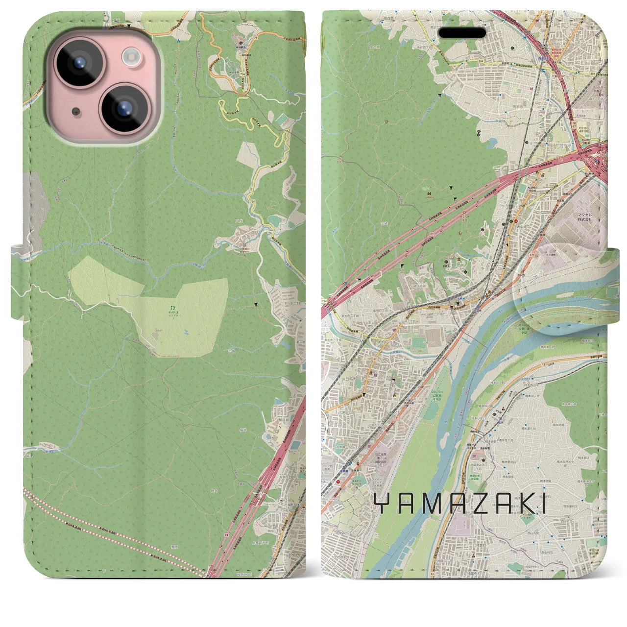 【山崎(京都府)】地図柄iPhoneケース(手帳タイプ)ナチュラル・iPhone 15 Plus 用
