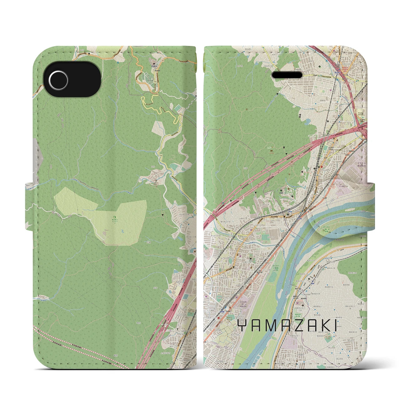 【山崎(京都府)】地図柄iPhoneケース(手帳タイプ)ナチュラル・iPhone SE(第3 / 第2世代) / 8 / 7 / 6s / 6 用