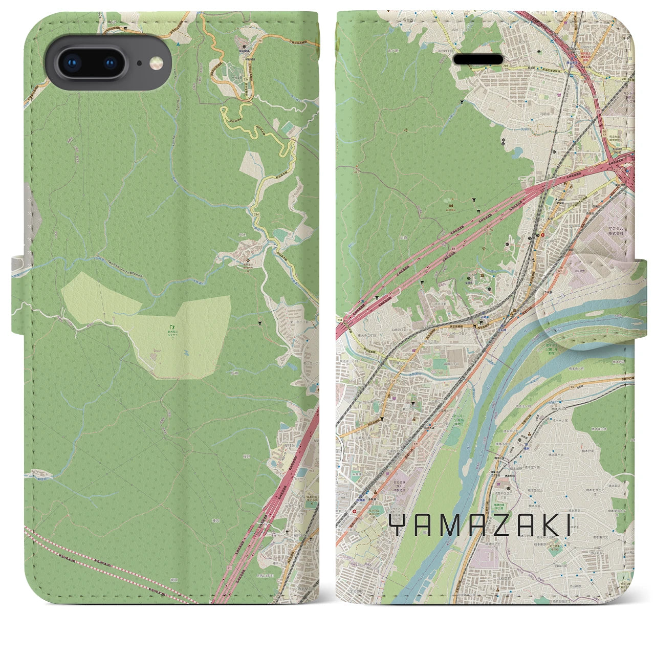 【山崎(京都府)】地図柄iPhoneケース(手帳タイプ)ナチュラル・iPhone 8Plus /7Plus / 6sPlus / 6Plus 用