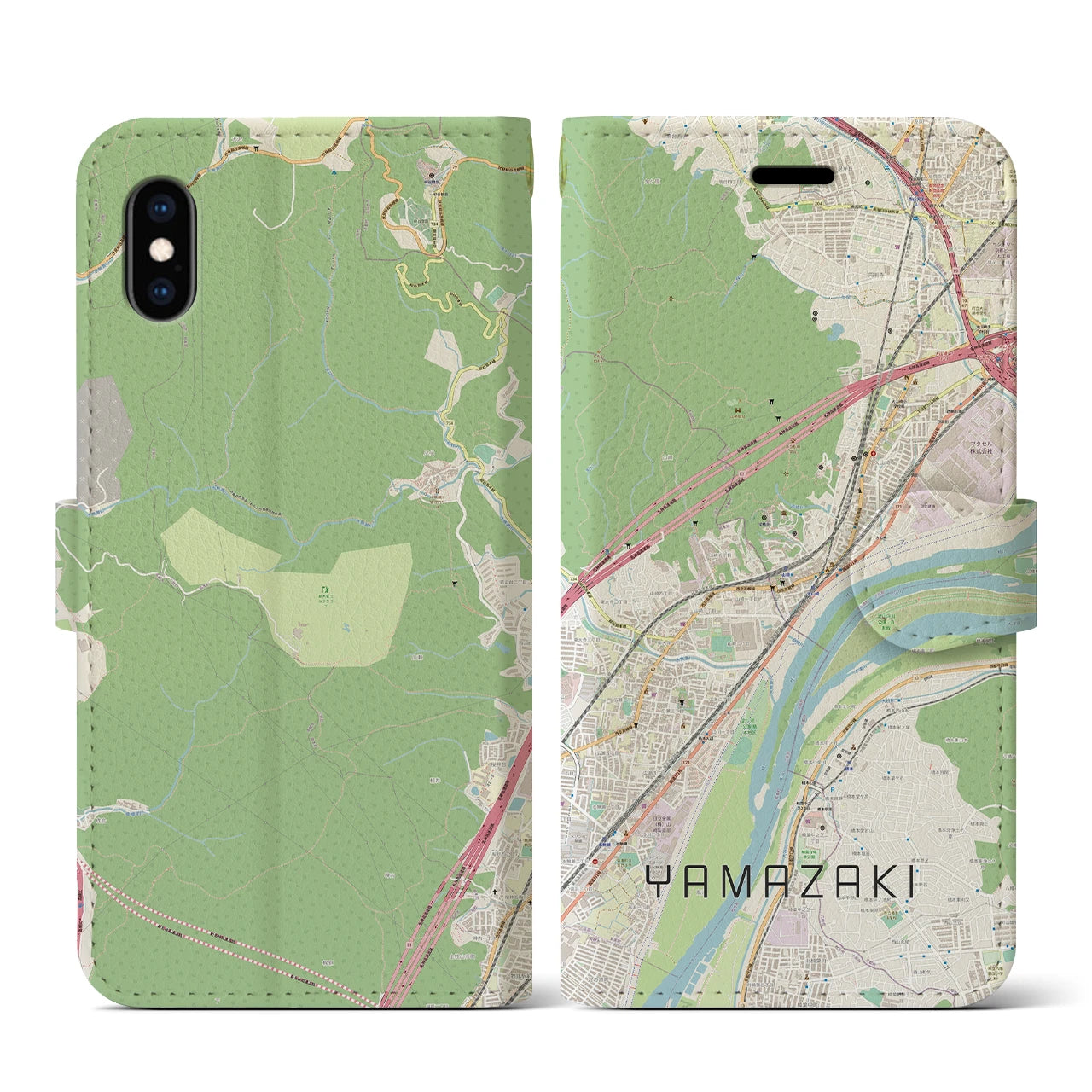 【山崎(京都府)】地図柄iPhoneケース(手帳タイプ)ナチュラル・iPhone XS / X 用