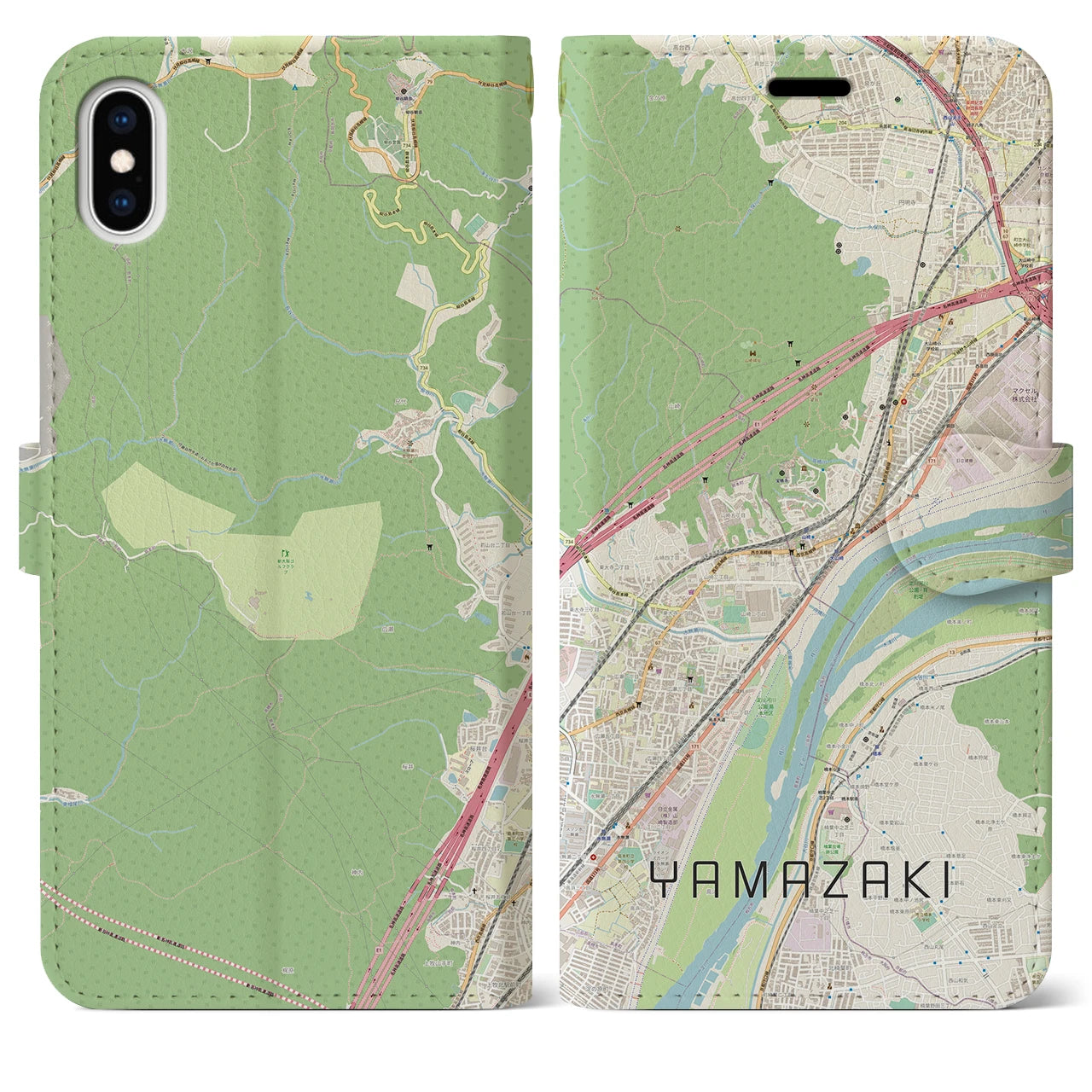 【山崎(京都府)】地図柄iPhoneケース(手帳タイプ)ナチュラル・iPhone XS Max 用