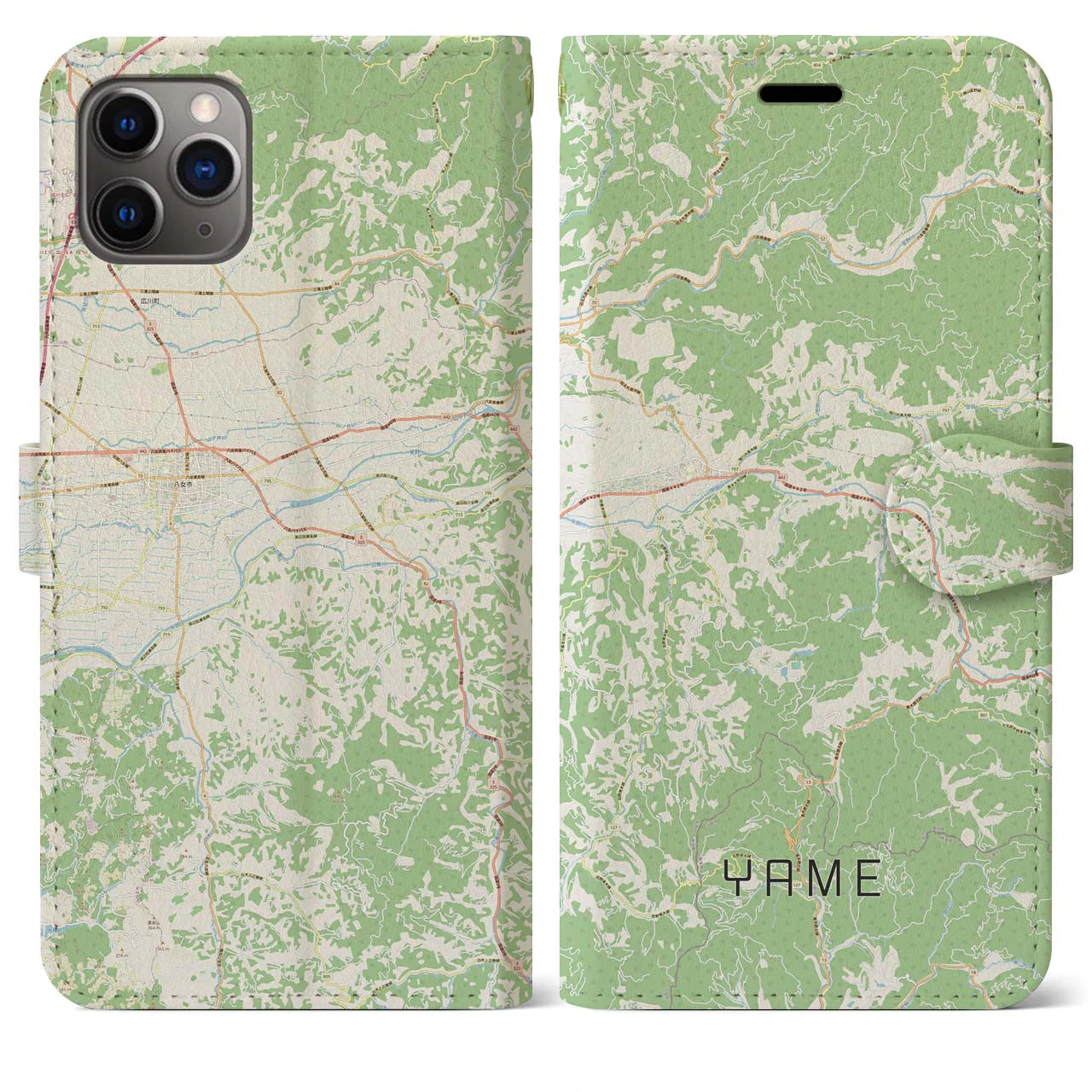 【八女(福岡県)】地図柄iPhoneケース(手帳タイプ)ナチュラル・iPhone 11 Pro Max 用