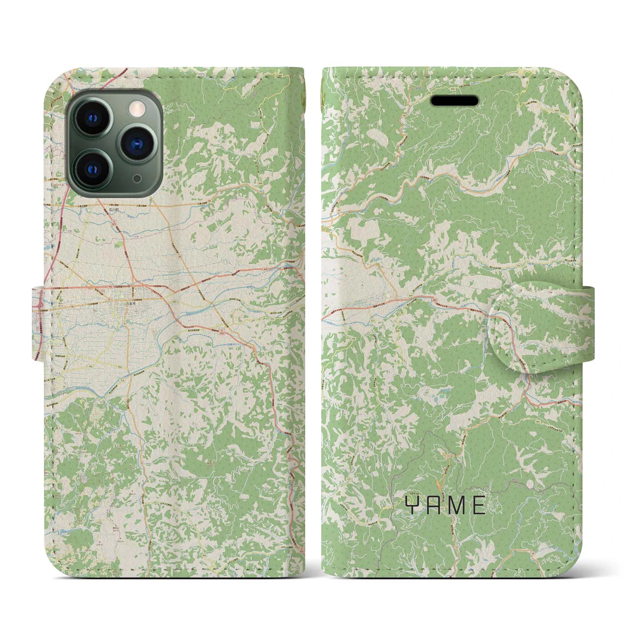 【八女(福岡県)】地図柄iPhoneケース(手帳タイプ)ナチュラル・iPhone 11 Pro 用