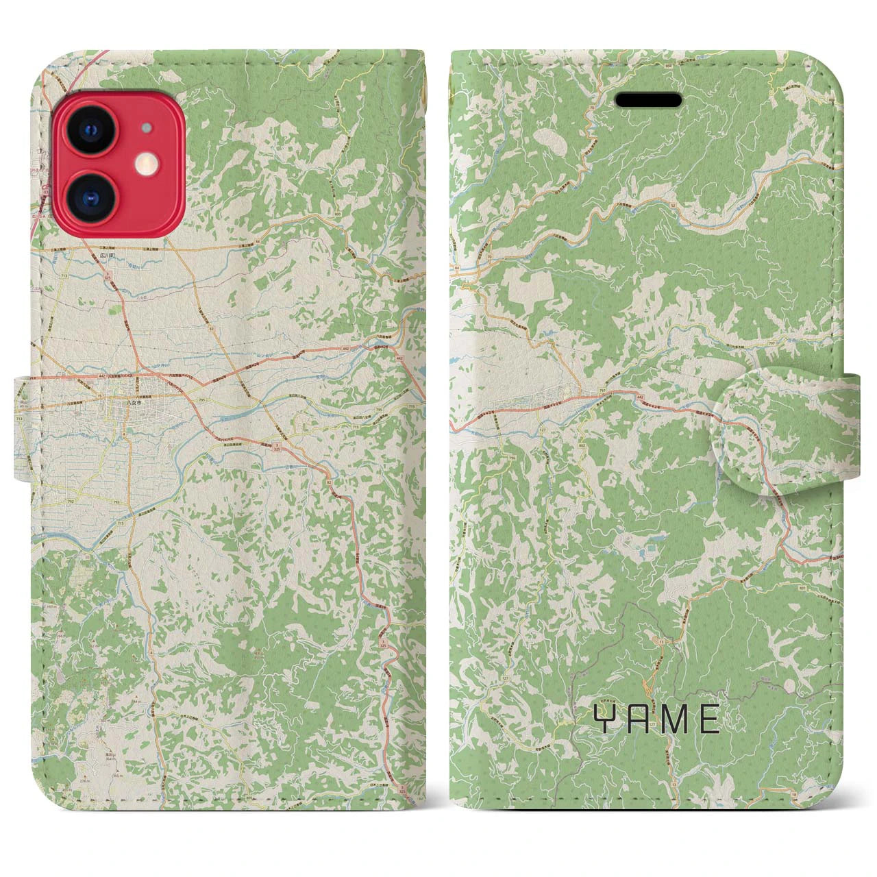【八女(福岡県)】地図柄iPhoneケース(手帳タイプ)ナチュラル・iPhone 11 用