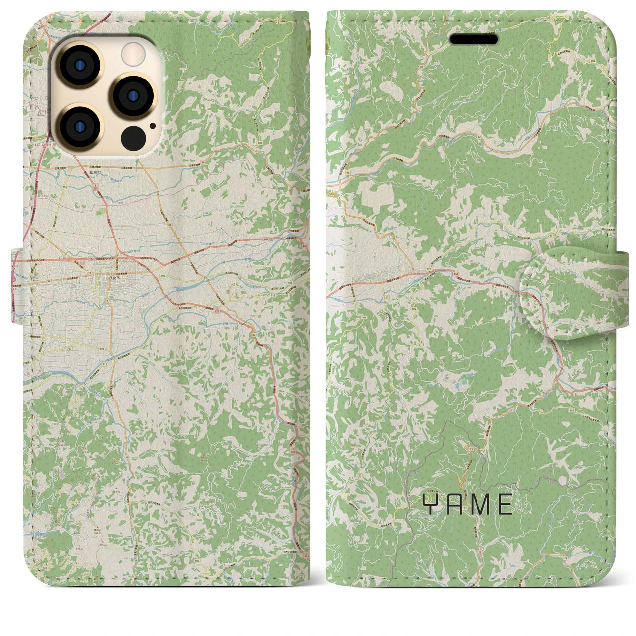 【八女(福岡県)】地図柄iPhoneケース(手帳タイプ)ナチュラル・iPhone 12 Pro Max 用
