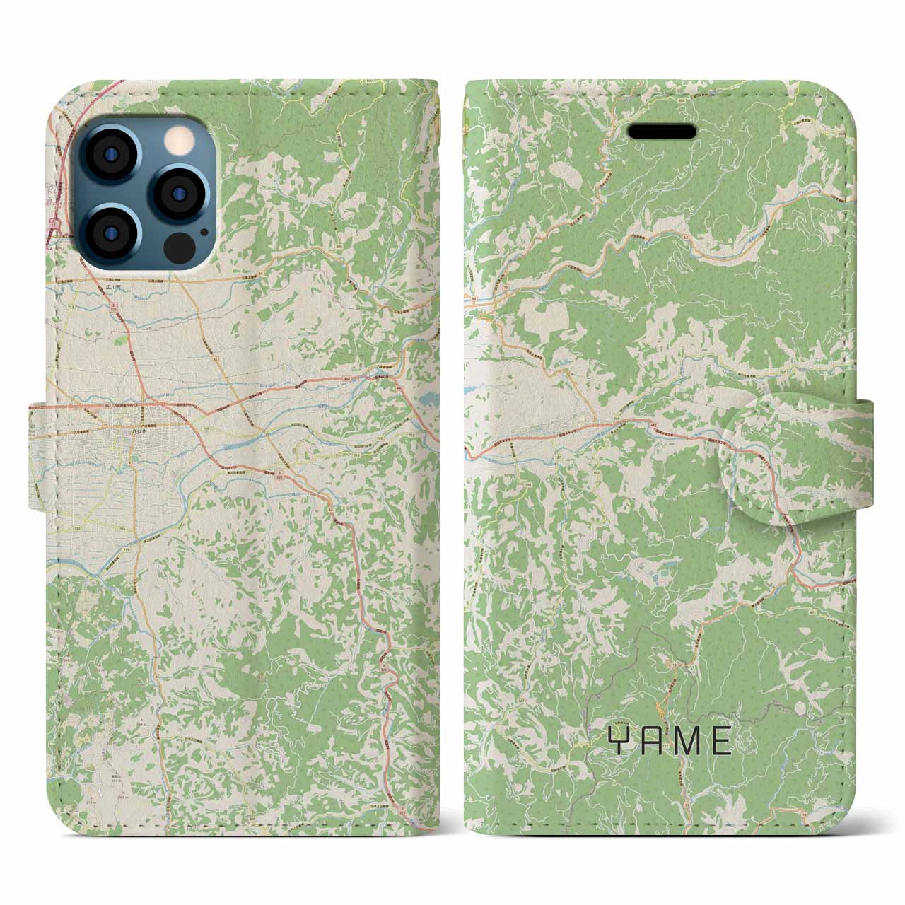 【八女(福岡県)】地図柄iPhoneケース(手帳タイプ)ナチュラル・iPhone 12 / 12 Pro 用