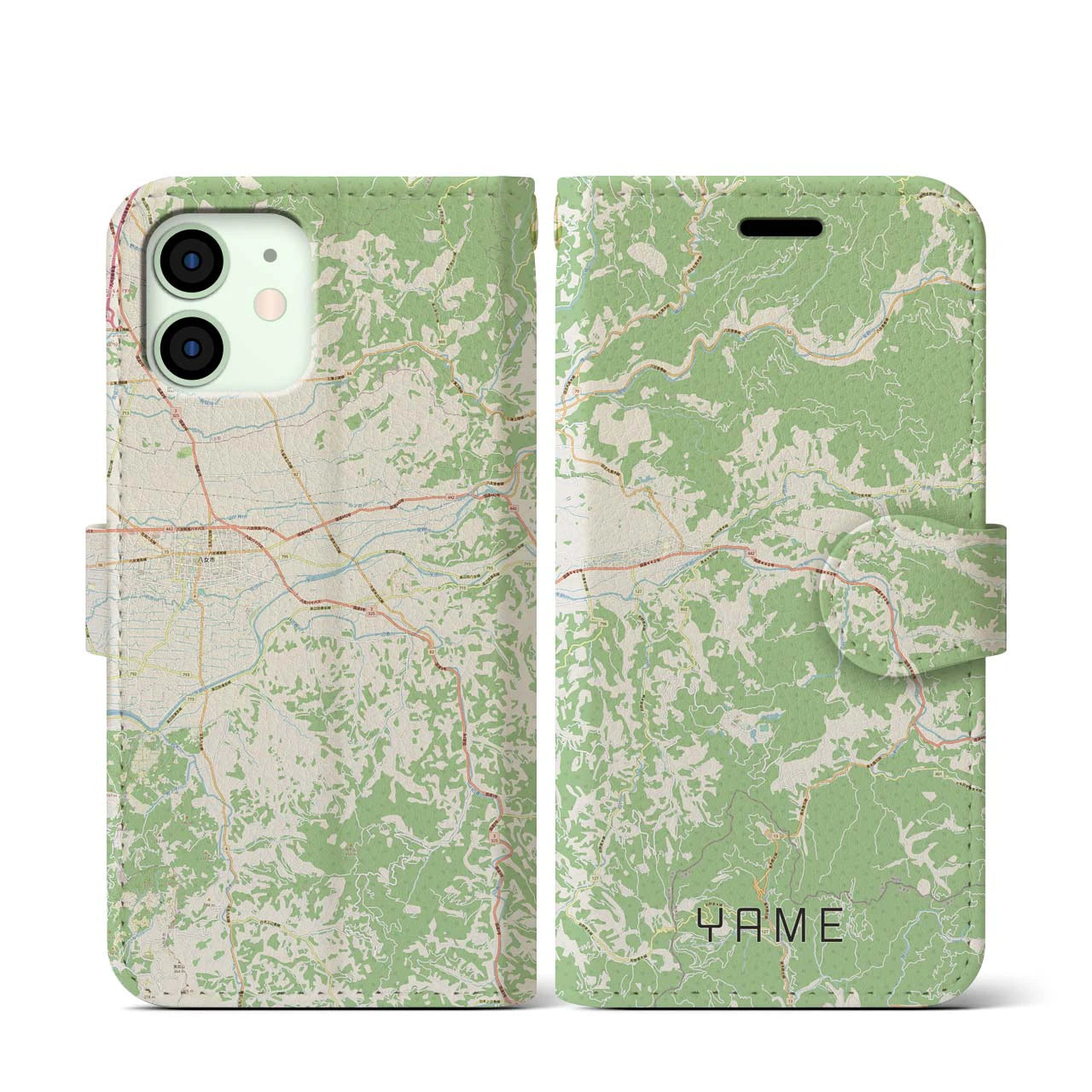 【八女(福岡県)】地図柄iPhoneケース(手帳タイプ)ナチュラル・iPhone 12 mini 用