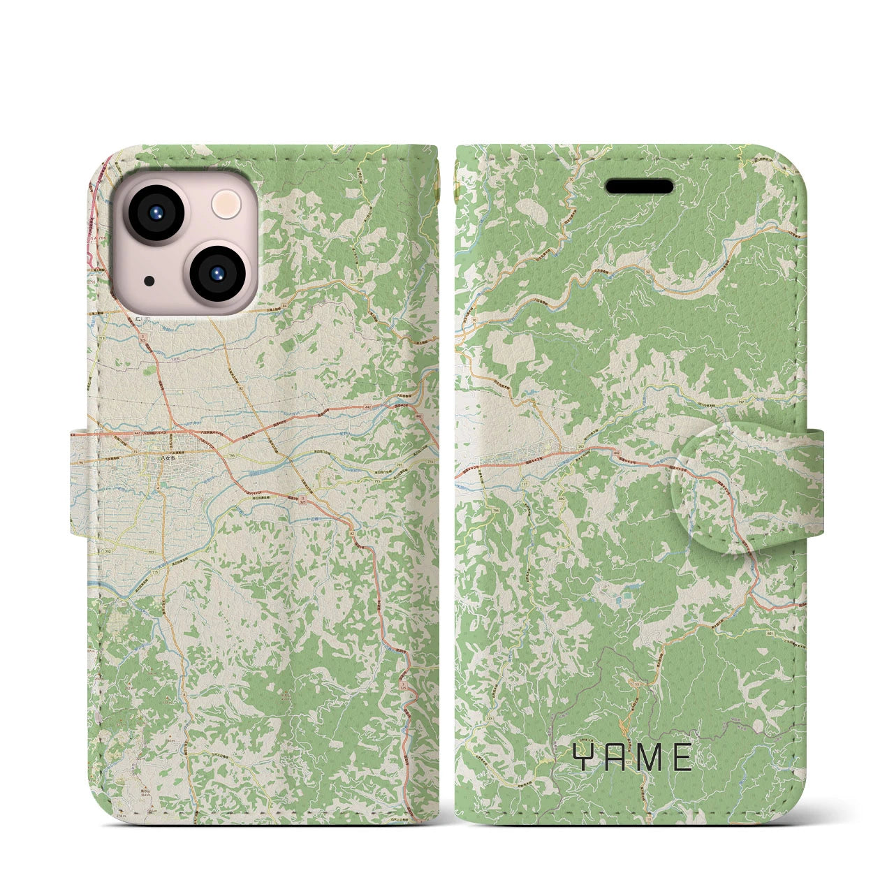 【八女(福岡県)】地図柄iPhoneケース(手帳タイプ)ナチュラル・iPhone 13 mini 用