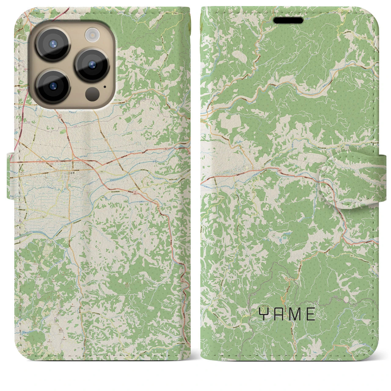 【八女(福岡県)】地図柄iPhoneケース(手帳タイプ)ナチュラル・iPhone 14 Pro Max 用