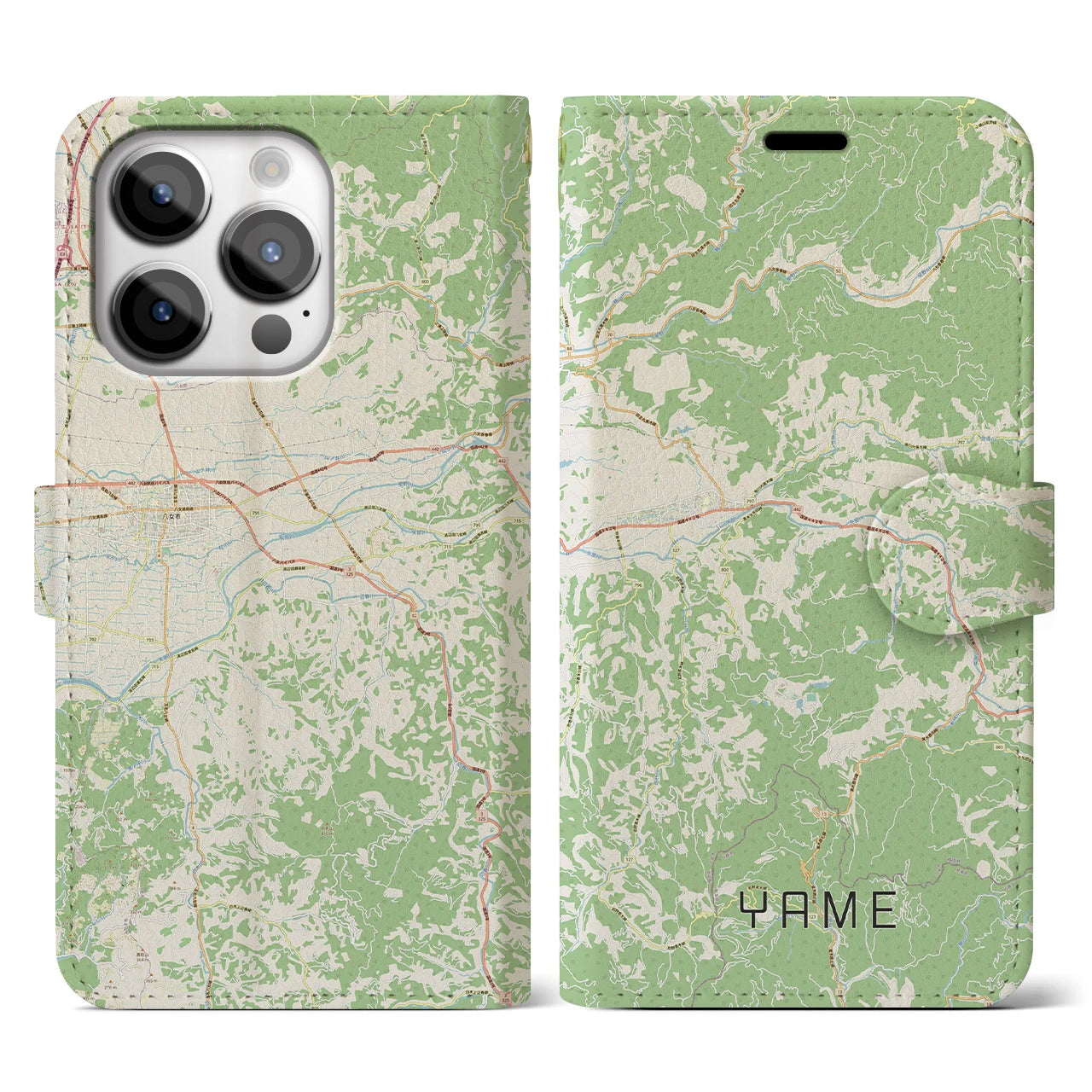 【八女(福岡県)】地図柄iPhoneケース(手帳タイプ)ナチュラル・iPhone 14 Pro 用