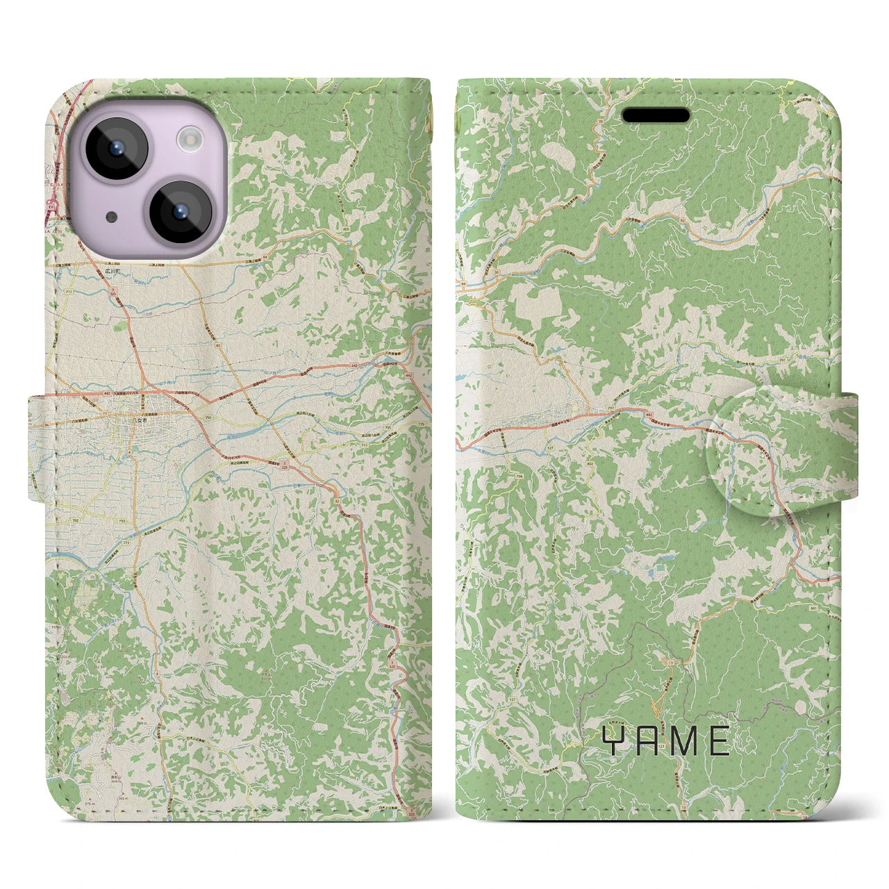 【八女(福岡県)】地図柄iPhoneケース(手帳タイプ)ナチュラル・iPhone 14 用