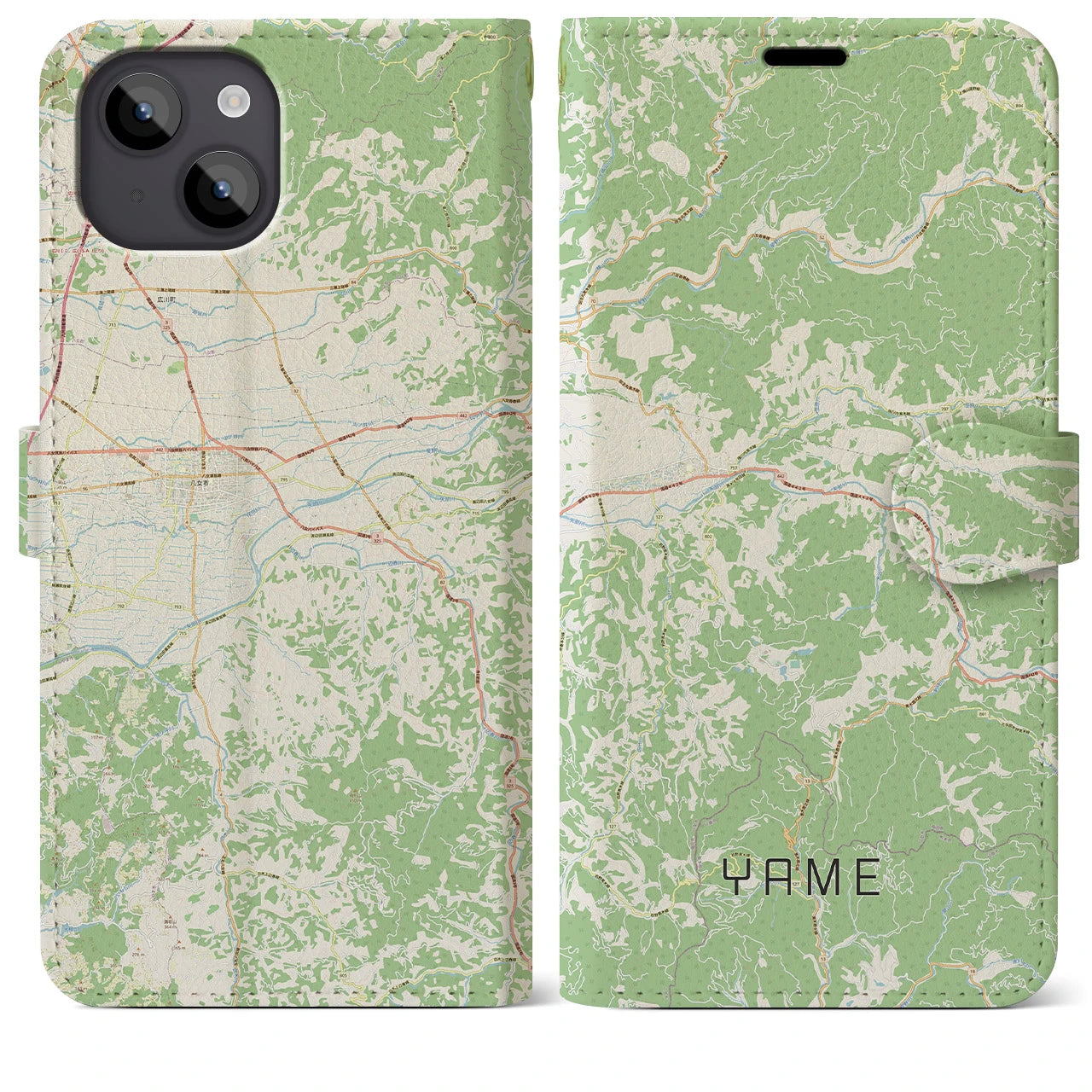 【八女(福岡県)】地図柄iPhoneケース(手帳タイプ)ナチュラル・iPhone 14 Plus 用