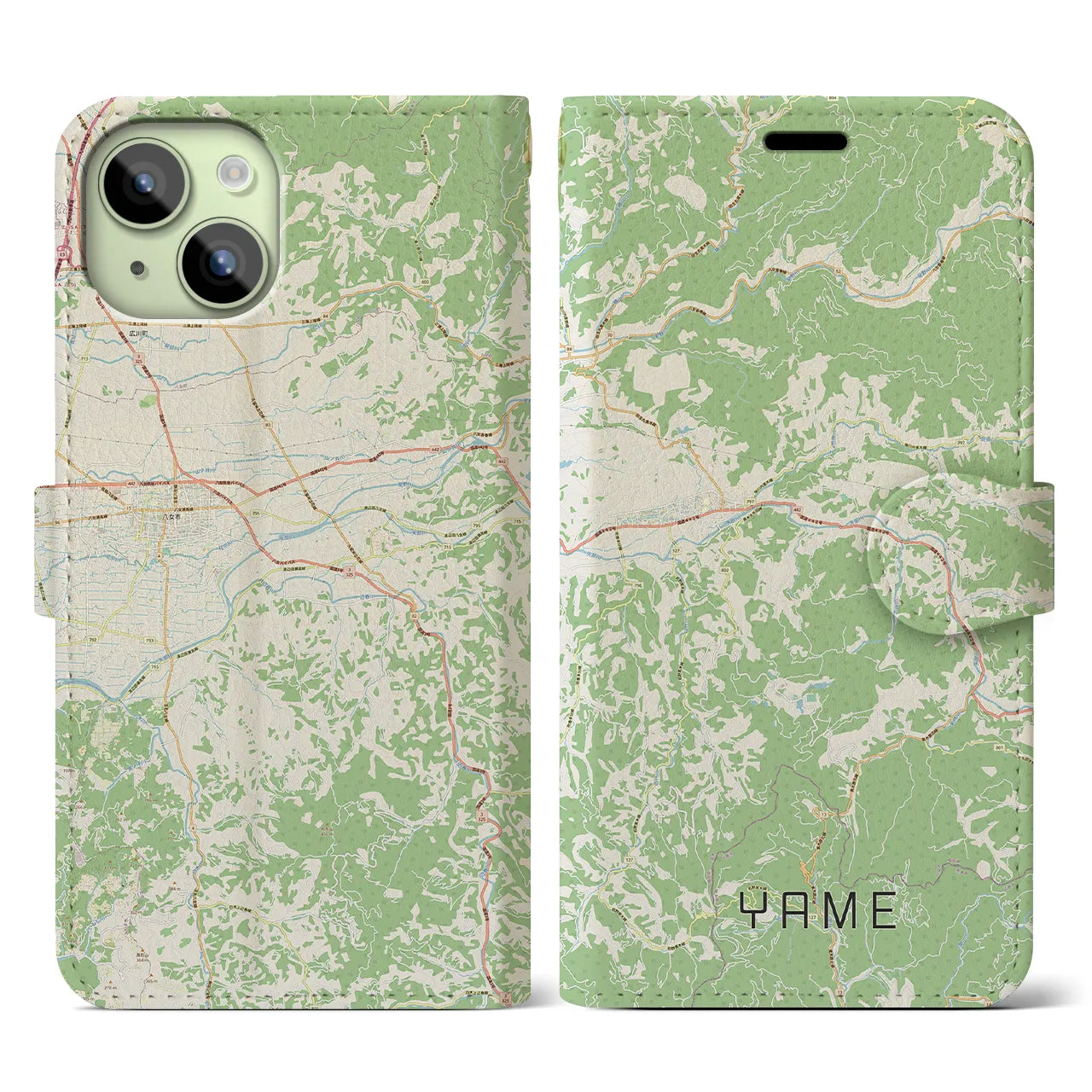 【八女(福岡県)】地図柄iPhoneケース(手帳タイプ)ナチュラル・iPhone 15 用