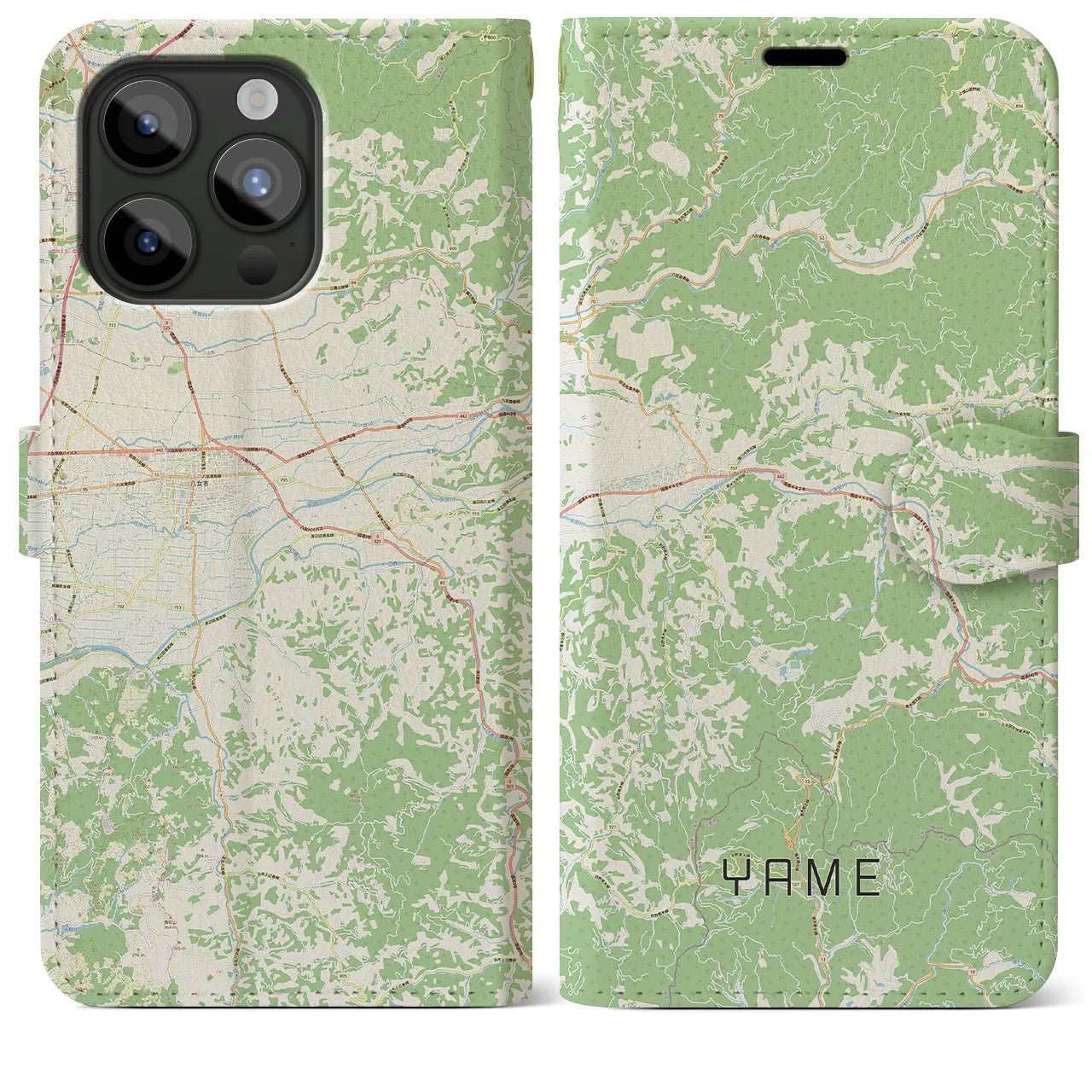 【八女(福岡県)】地図柄iPhoneケース(手帳タイプ)ナチュラル・iPhone 15 Pro Max 用