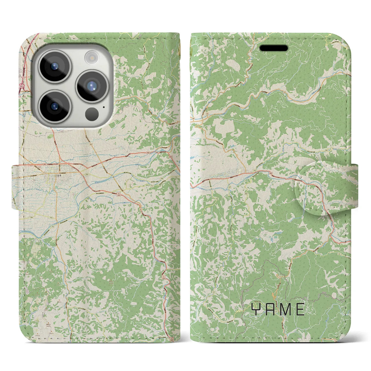 【八女(福岡県)】地図柄iPhoneケース(手帳タイプ)ナチュラル・iPhone 15 Pro 用