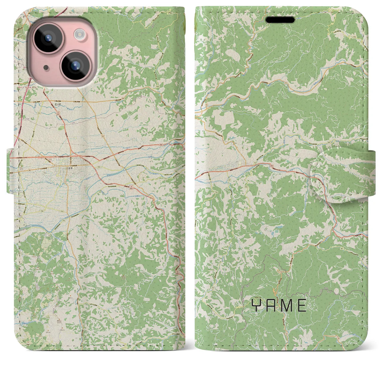 【八女(福岡県)】地図柄iPhoneケース(手帳タイプ)ナチュラル・iPhone 15 Plus 用