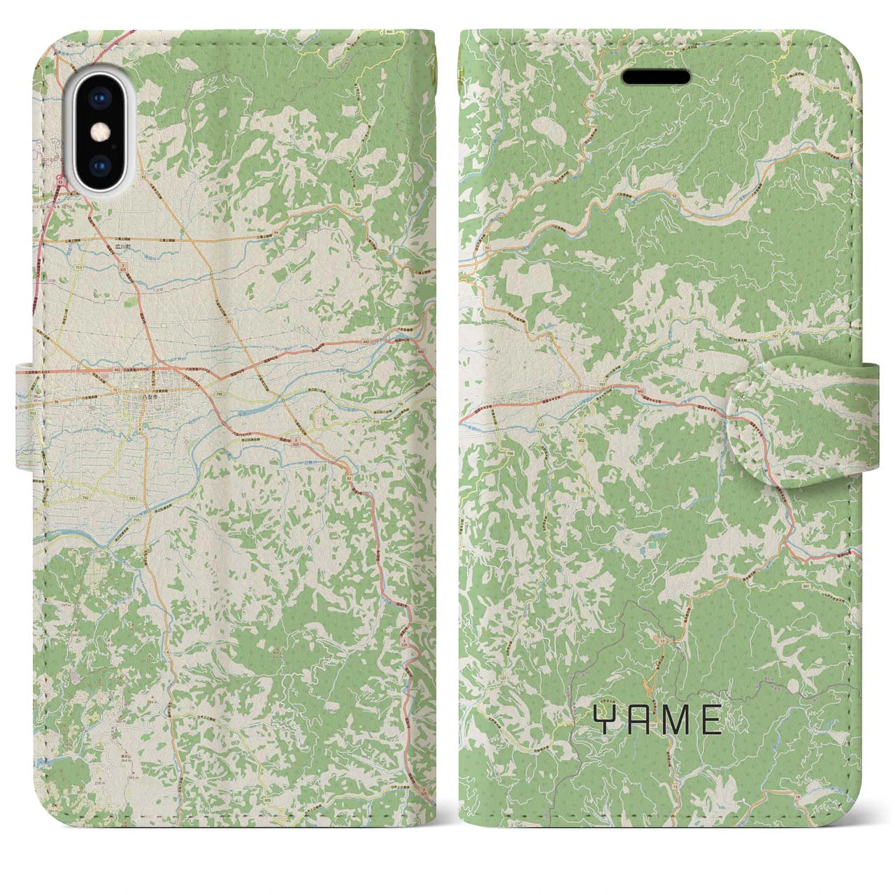 【八女(福岡県)】地図柄iPhoneケース(手帳タイプ)ナチュラル・iPhone XS Max 用