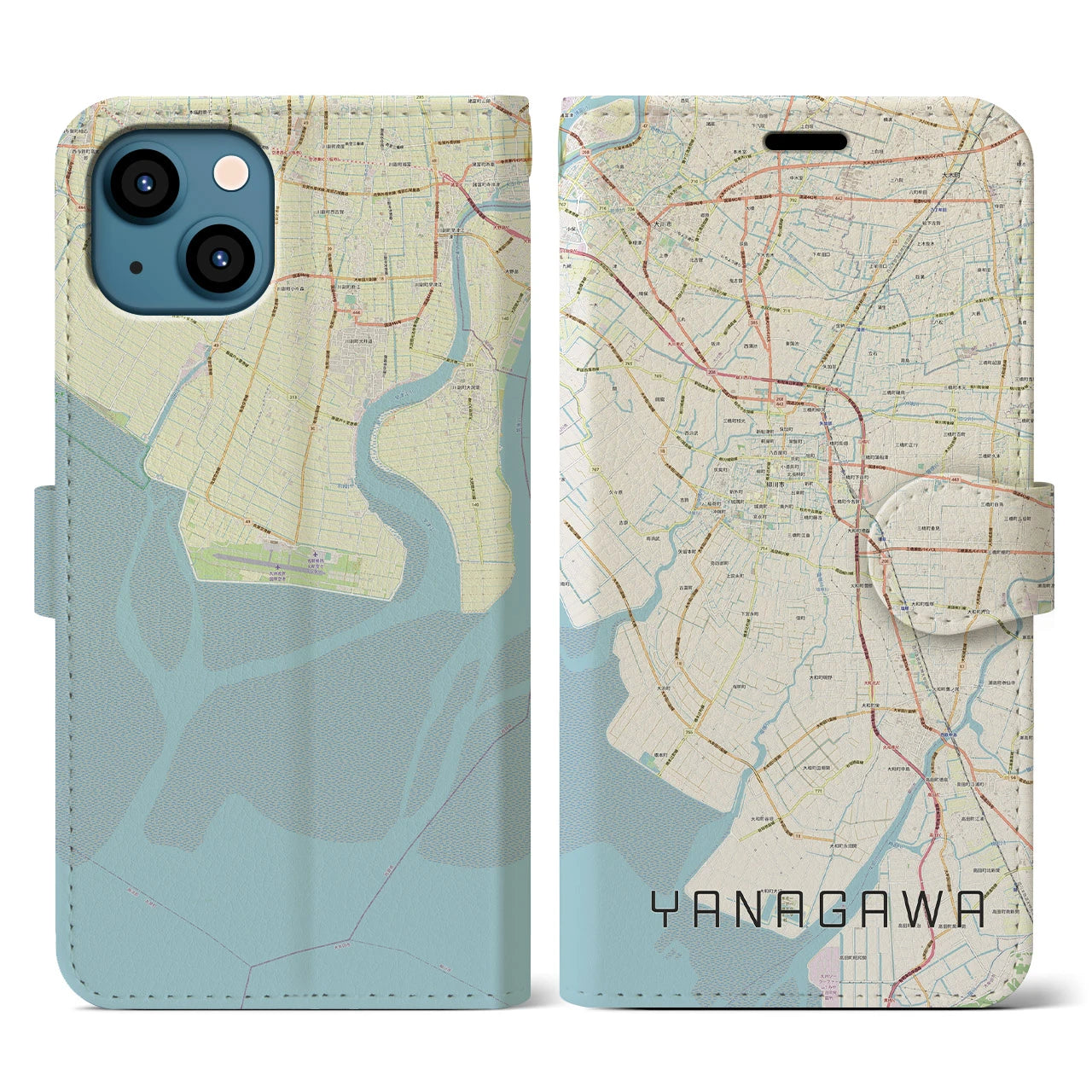 【柳川(福岡県)】地図柄iPhoneケース(手帳タイプ)ナチュラル・iPhone 13 用