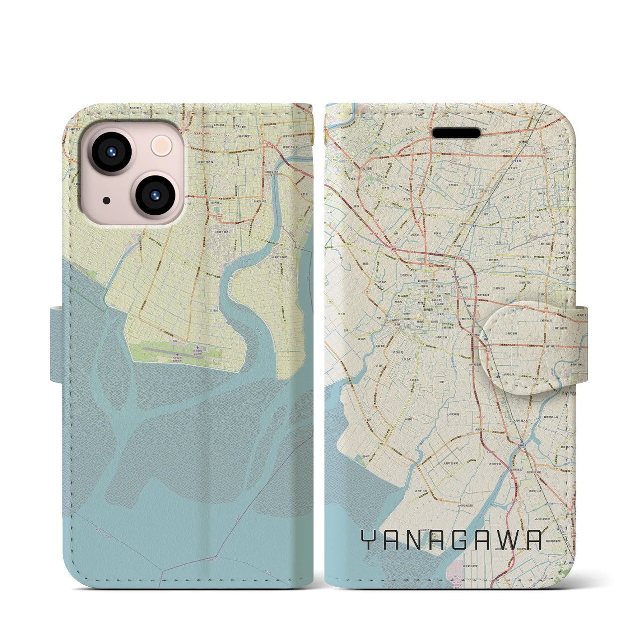 【柳川(福岡県)】地図柄iPhoneケース(手帳タイプ)ナチュラル・iPhone 13 mini 用