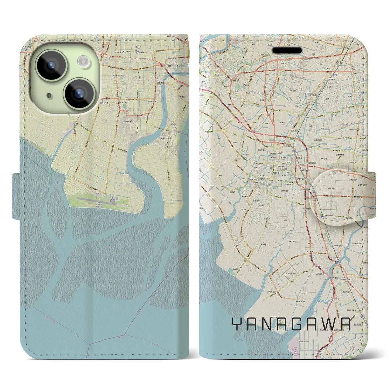 【柳川(福岡県)】地図柄iPhoneケース(手帳タイプ)ナチュラル・iPhone 15 用