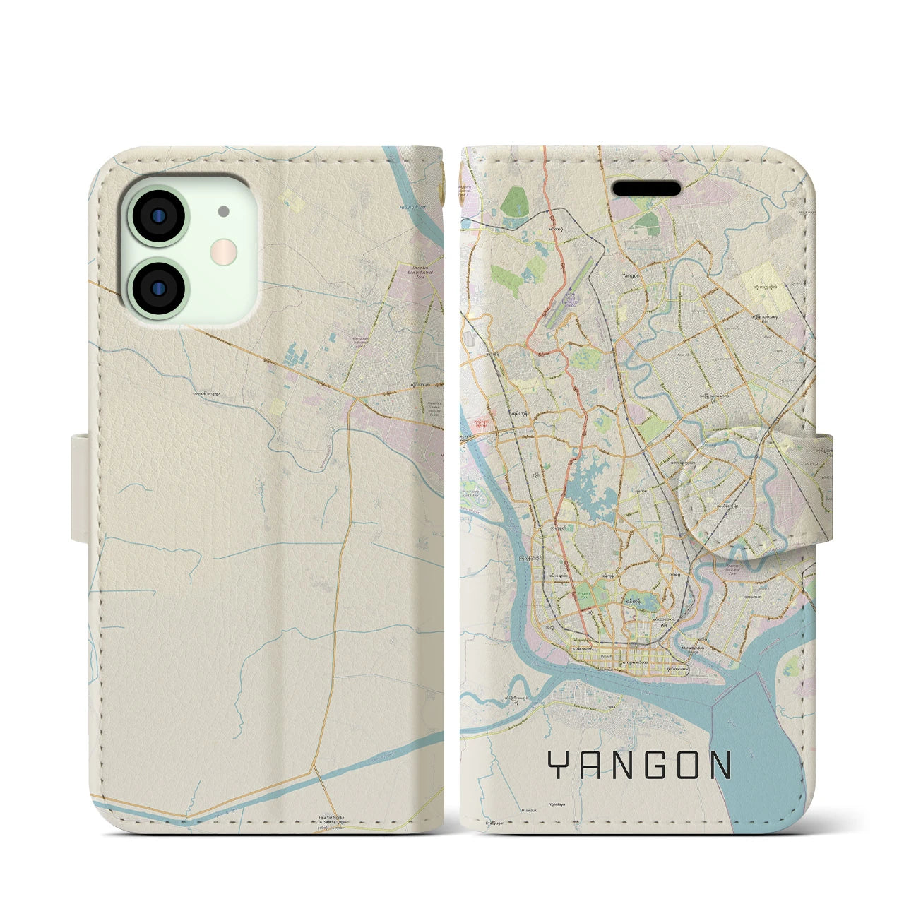 【ヤンゴン(ミャンマー)】地図柄iPhoneケース(手帳タイプ)ナチュラル・iPhone 12 mini 用