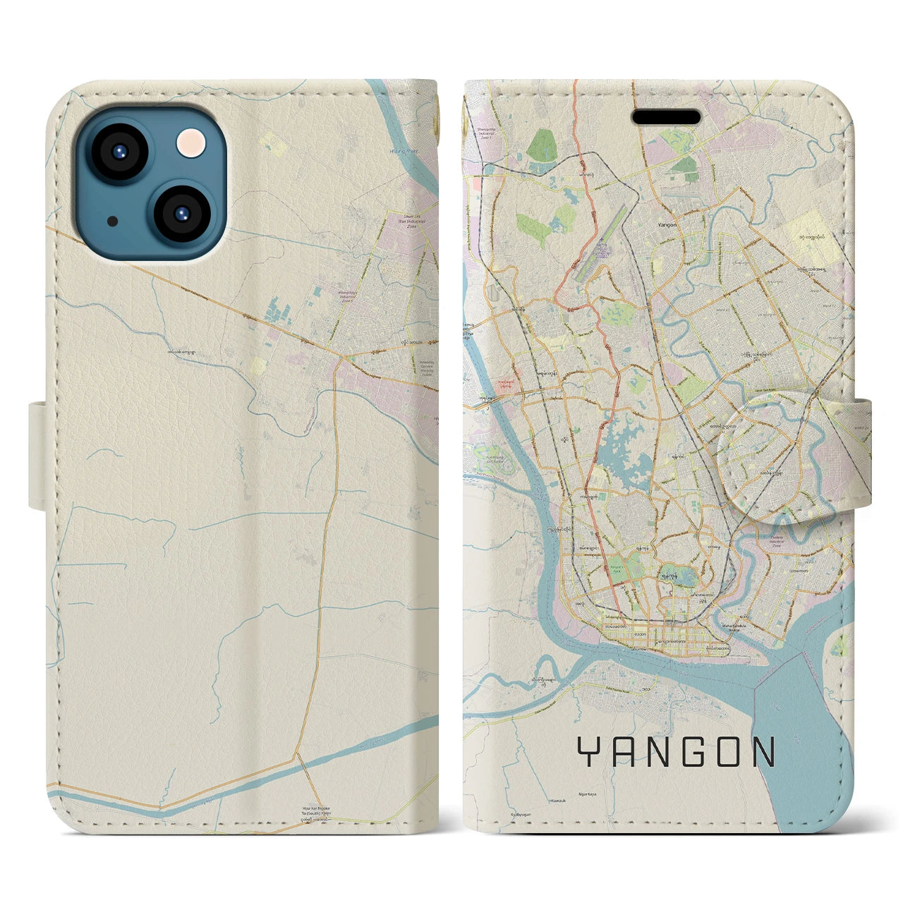 【ヤンゴン(ミャンマー)】地図柄iPhoneケース(手帳タイプ)ナチュラル・iPhone 13 用