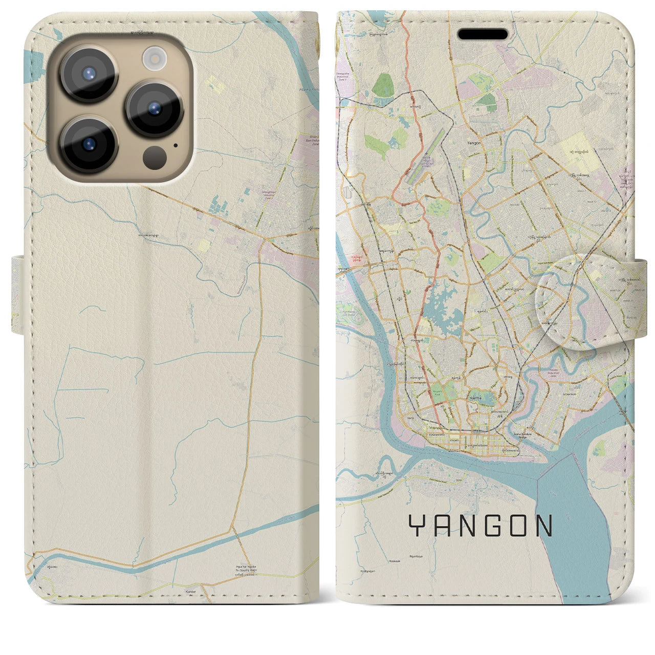 【ヤンゴン(ミャンマー)】地図柄iPhoneケース(手帳タイプ)ナチュラル・iPhone 14 Pro Max 用