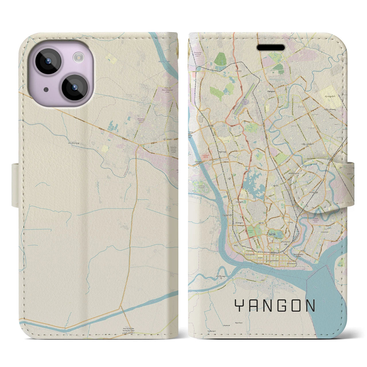 【ヤンゴン(ミャンマー)】地図柄iPhoneケース(手帳タイプ)ナチュラル・iPhone 14 用