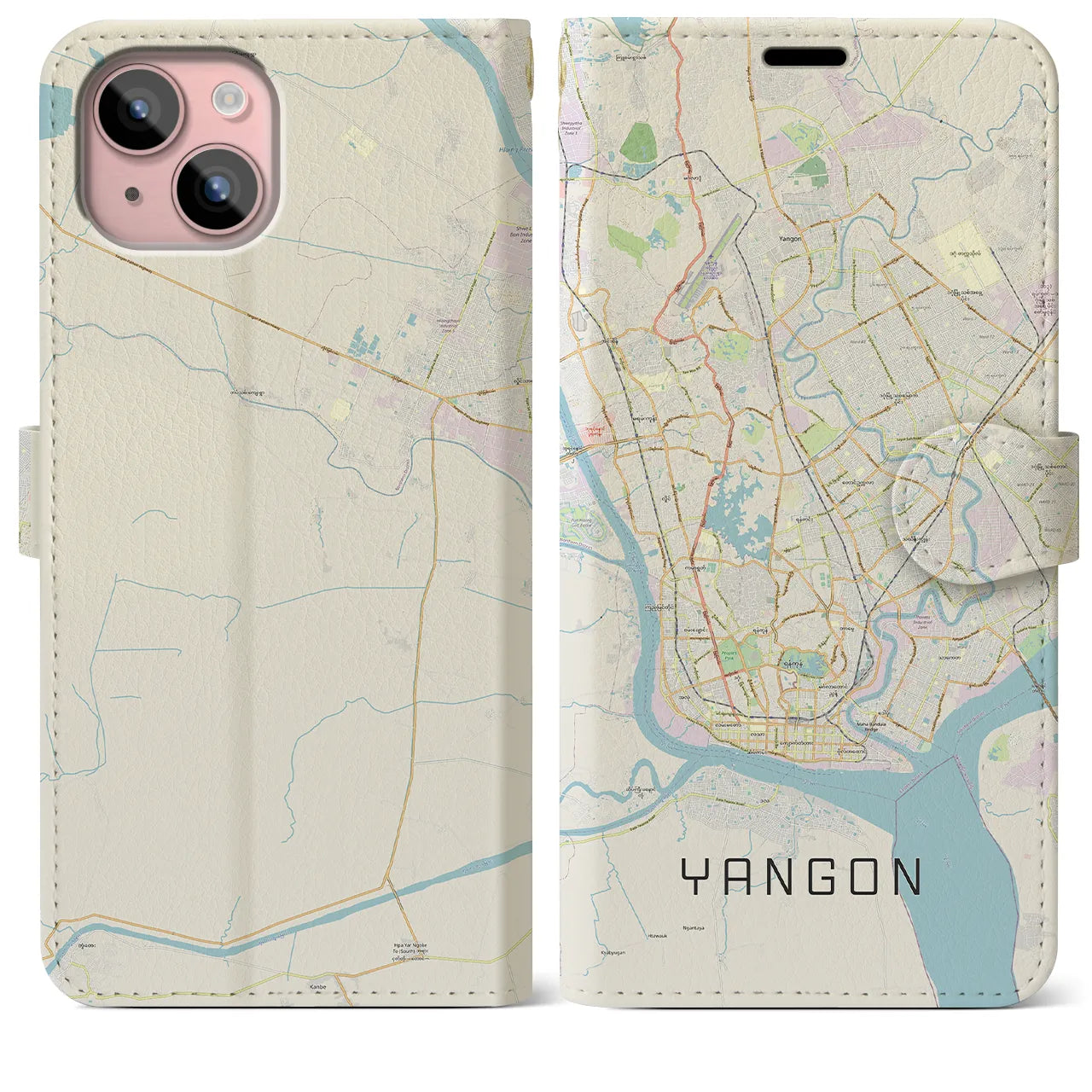 【ヤンゴン(ミャンマー)】地図柄iPhoneケース(手帳タイプ)ナチュラル・iPhone 15 Plus 用