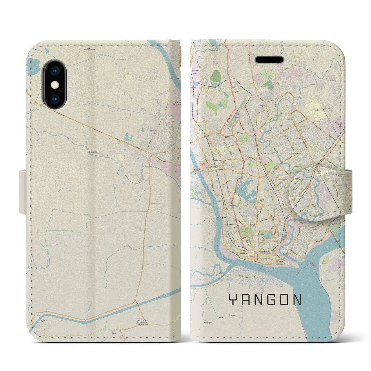 【ヤンゴン(ミャンマー)】地図柄iPhoneケース(手帳タイプ)ナチュラル・iPhone XS / X 用