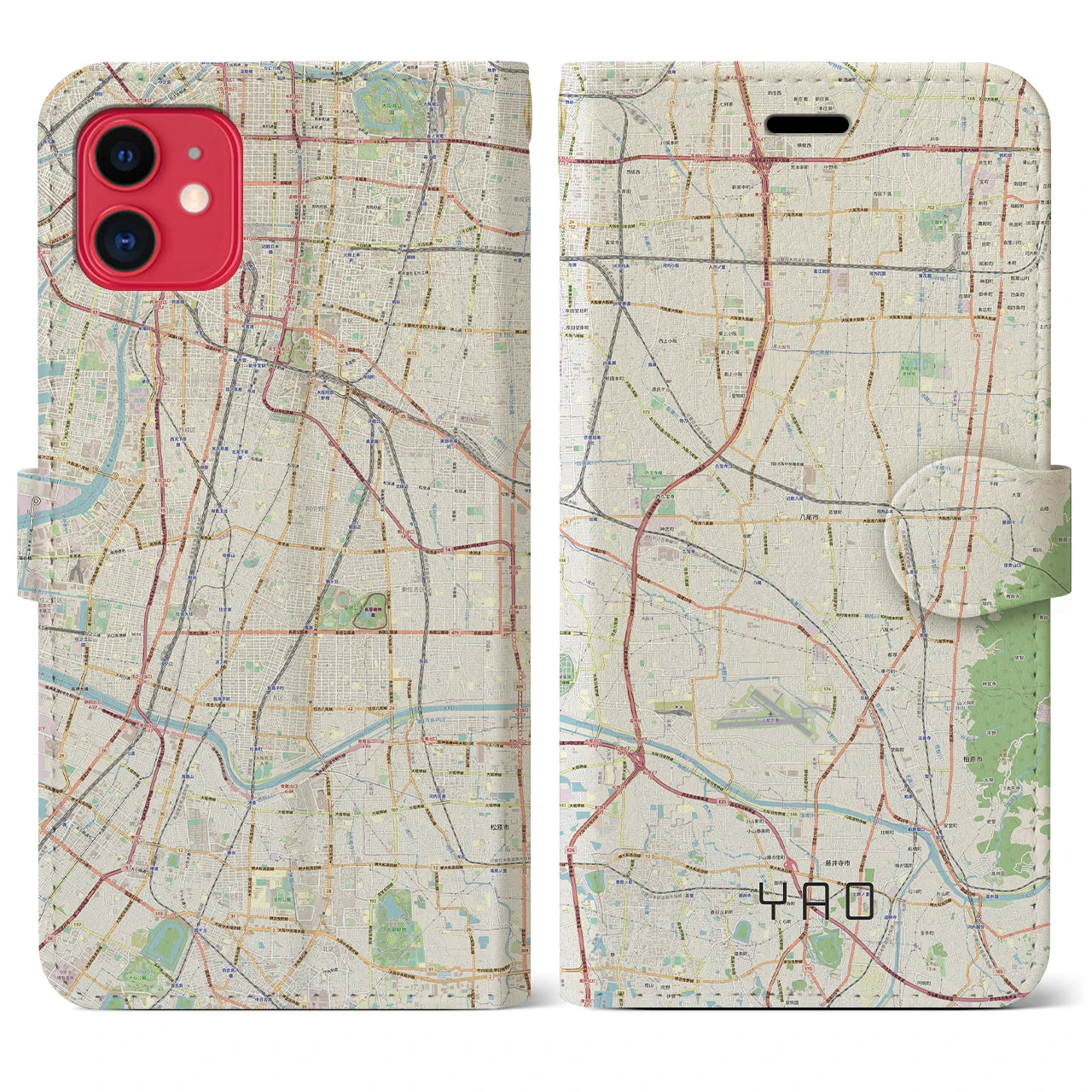 【八尾(大阪府)】地図柄iPhoneケース(手帳タイプ)ナチュラル・iPhone 11 用
