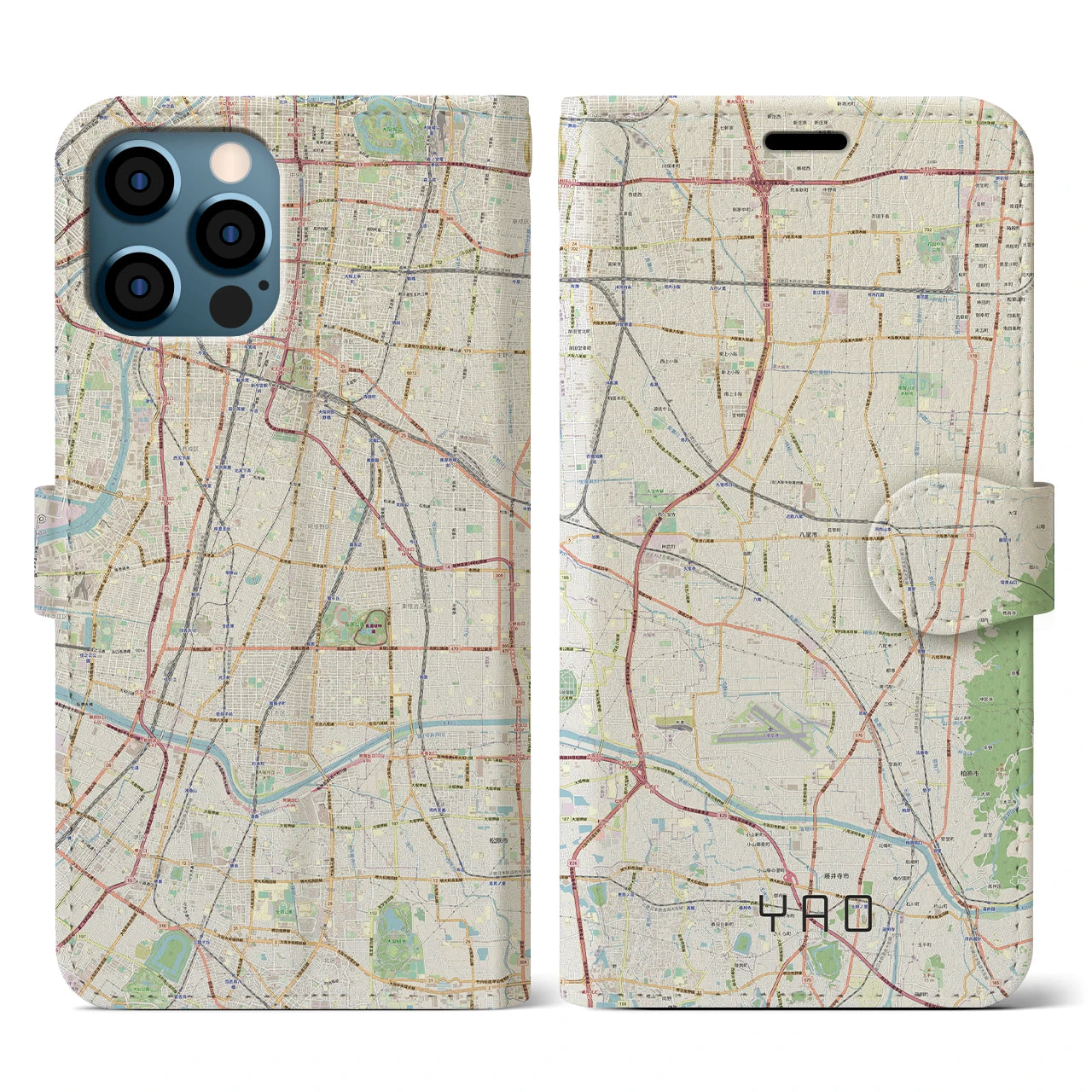 【八尾(大阪府)】地図柄iPhoneケース(手帳タイプ)ナチュラル・iPhone 12 / 12 Pro 用