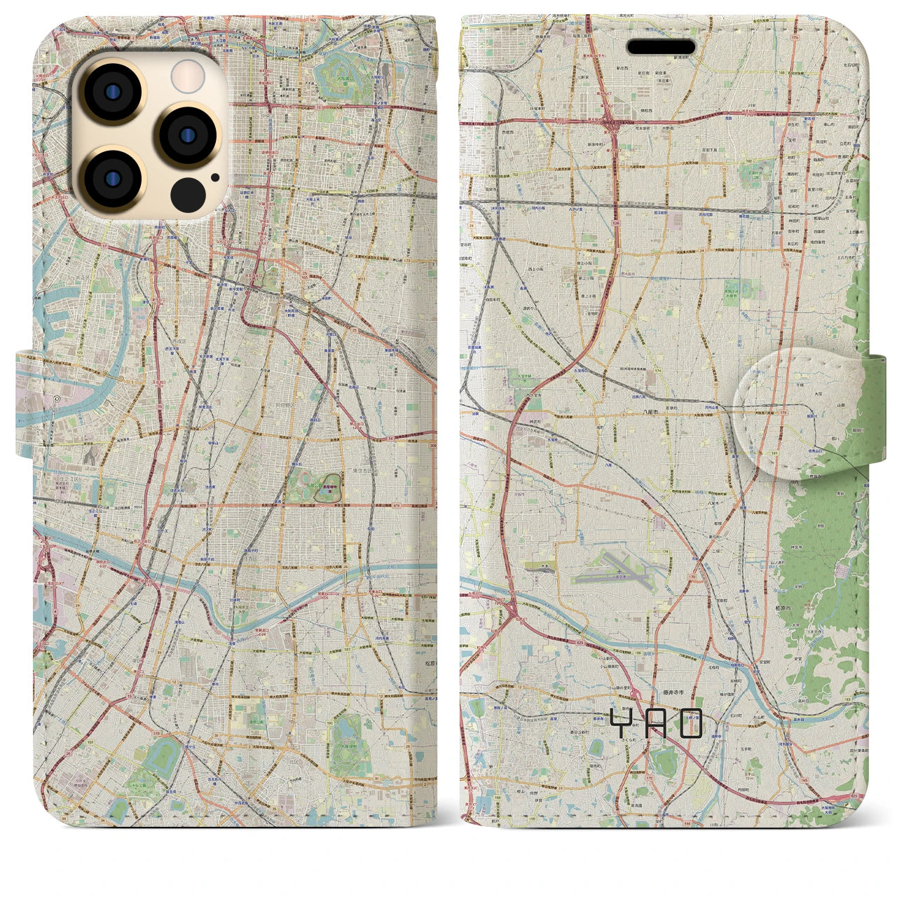 【八尾(大阪府)】地図柄iPhoneケース(手帳タイプ)ナチュラル・iPhone 12 Pro Max 用