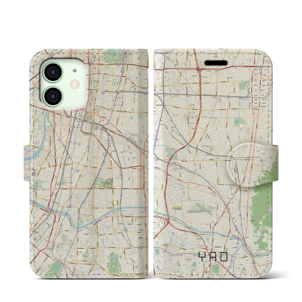 【八尾(大阪府)】地図柄iPhoneケース(手帳タイプ)ナチュラル・iPhone 12 mini 用