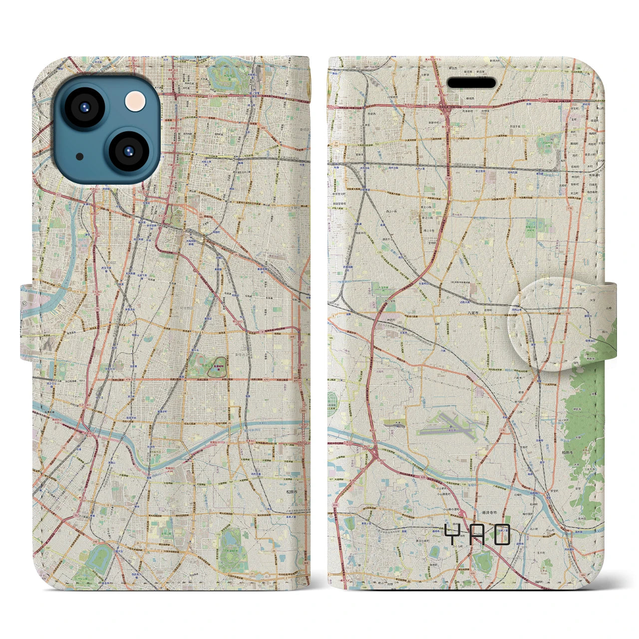 【八尾(大阪府)】地図柄iPhoneケース(手帳タイプ)ナチュラル・iPhone 13 用